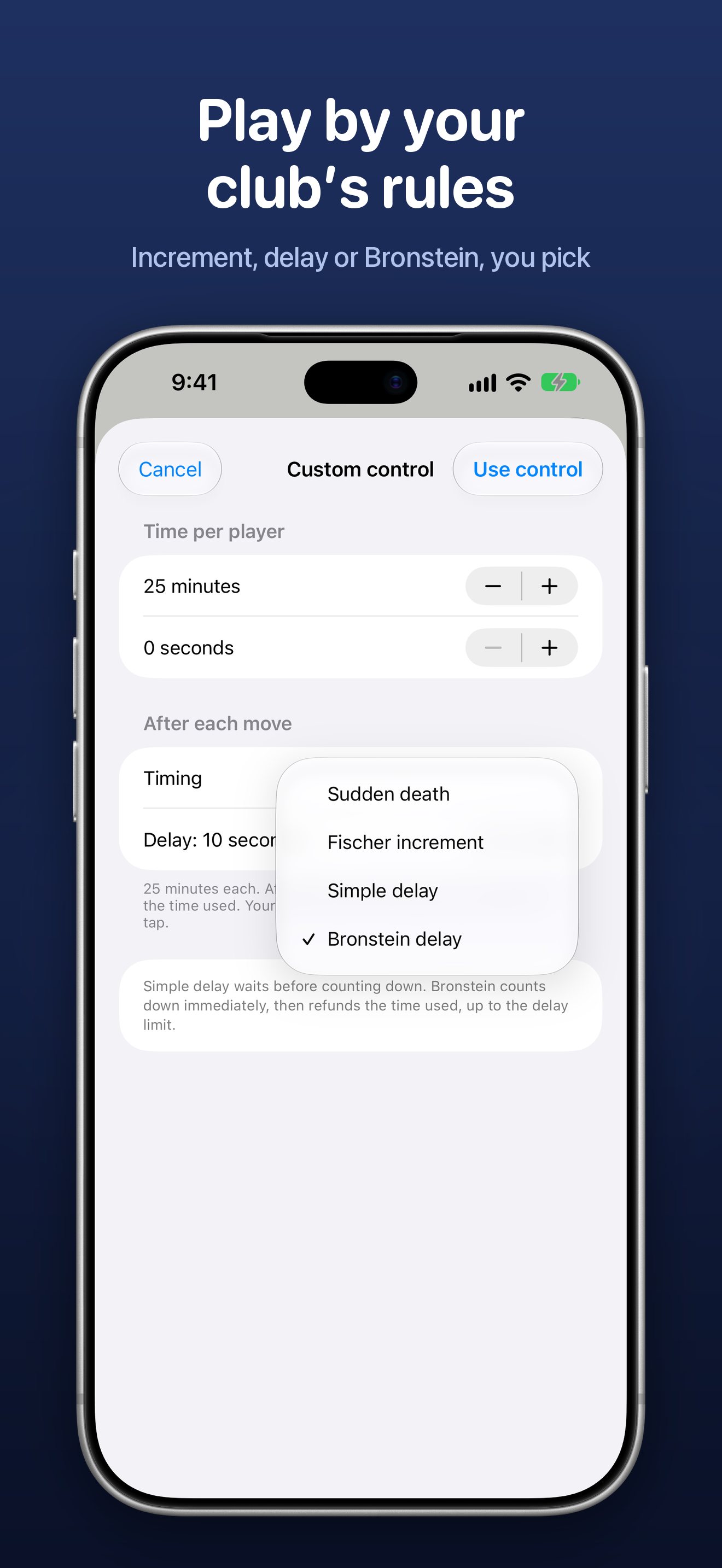 DuoChess custom time control with Fischer, simple delay and Bronstein options