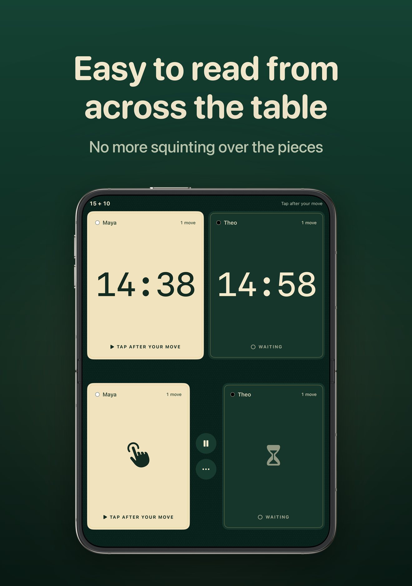 DuoChess tabletop mode in Tournament felt on iPhone Duo