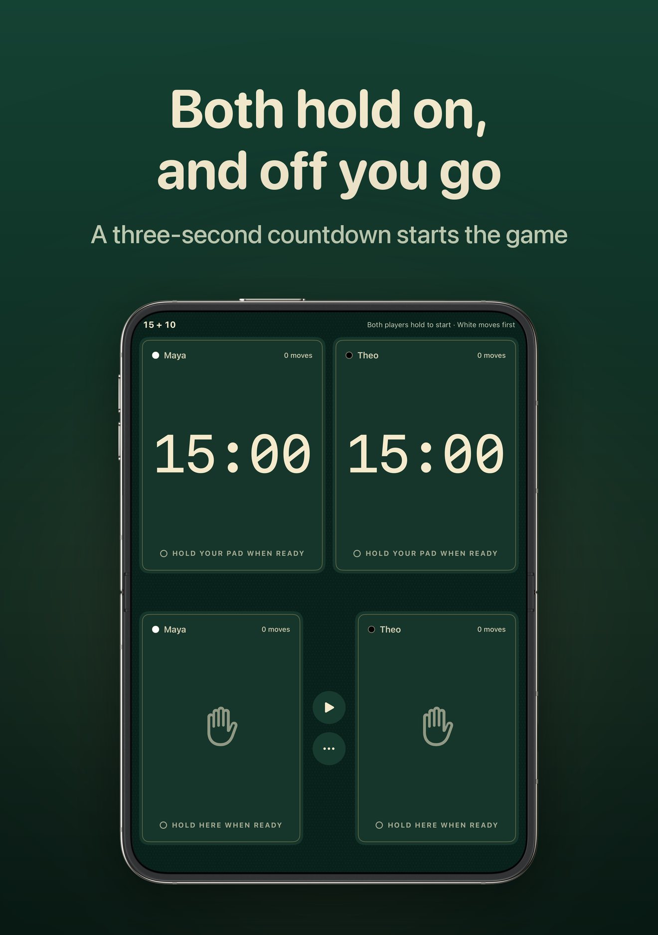 DuoChess tabletop mode on iPhone Duo, waiting for both players to hold their pads