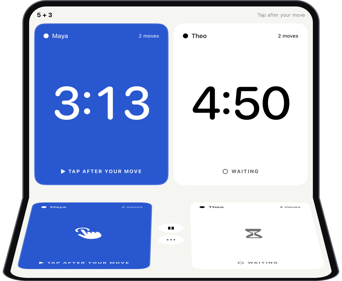 DuoChess on a half-folded iPhone Duo: timers on the upright half, tap pads on the flat half