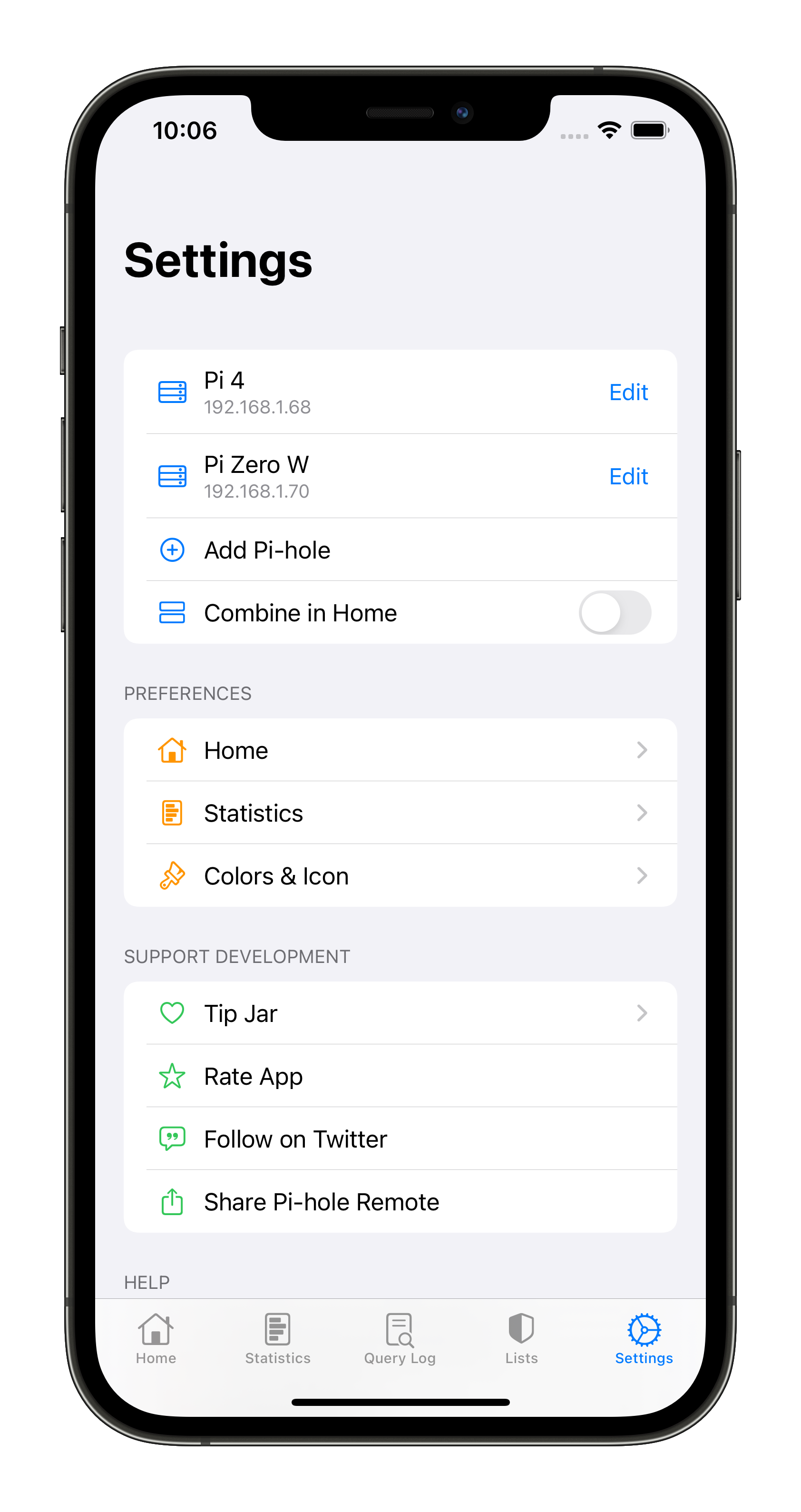Pi-hole Remote Settings Tab (iPhone)