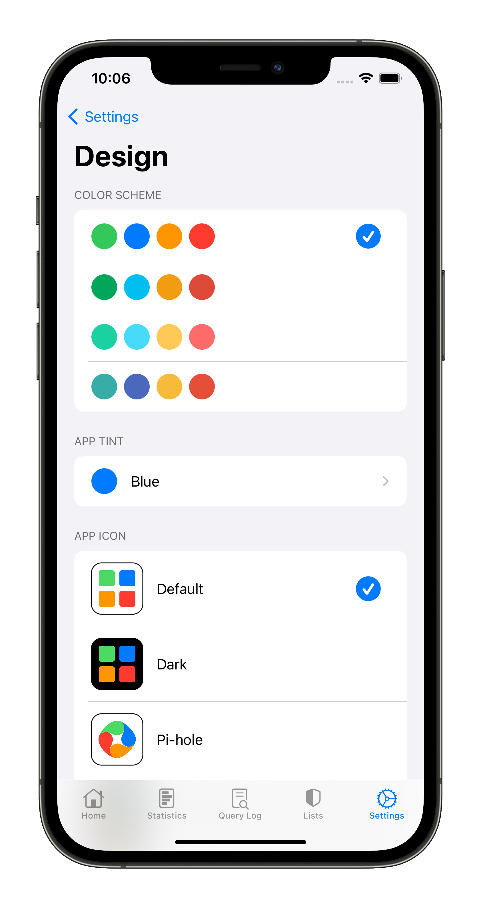 Pi-hole Remote Design Settings (iPhone)
